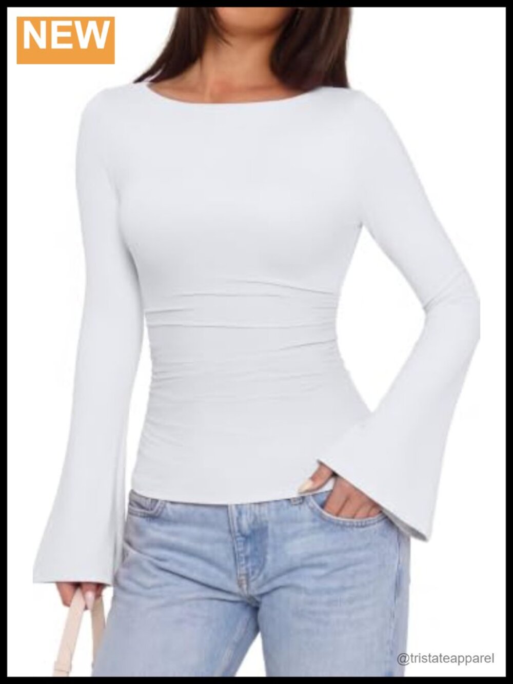 Women Bell Sleeve Double Lined Fitted Basic T Shirt Slim Fit Casual Top